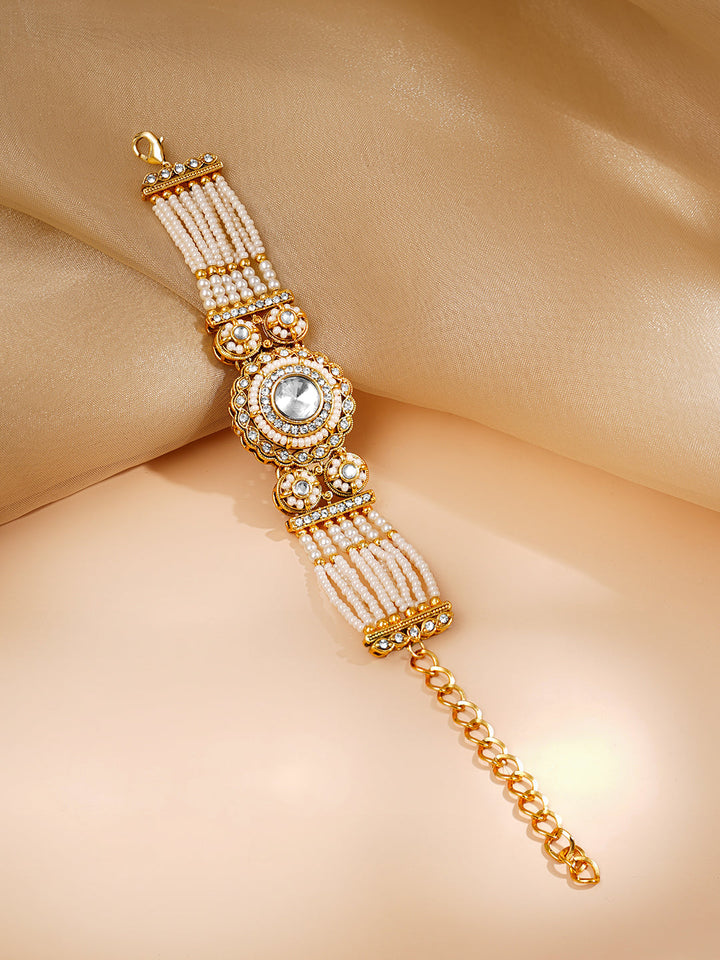 Gold Plated Pearl Beaded Multi Strand Kundan Bracelet