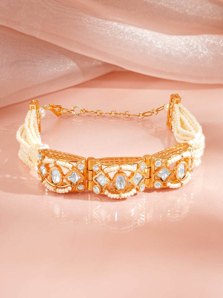 Gold Plated Pearl Beaded Kundan Bracelet