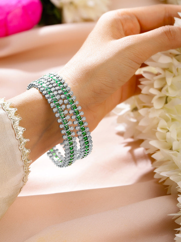 Rubans Set of 2 Rhodium-Plated Emerald Green & White Cubic Zirconia Studded Luxe Bangles