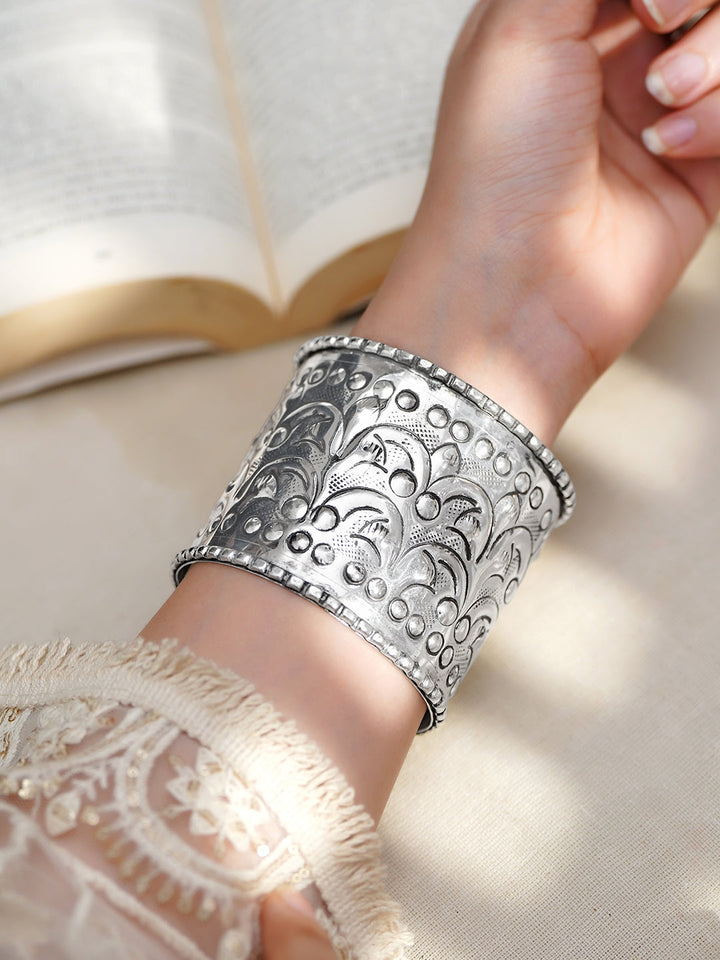 Oxidised Silver Plated Engraved Statement Cuff Bracelet