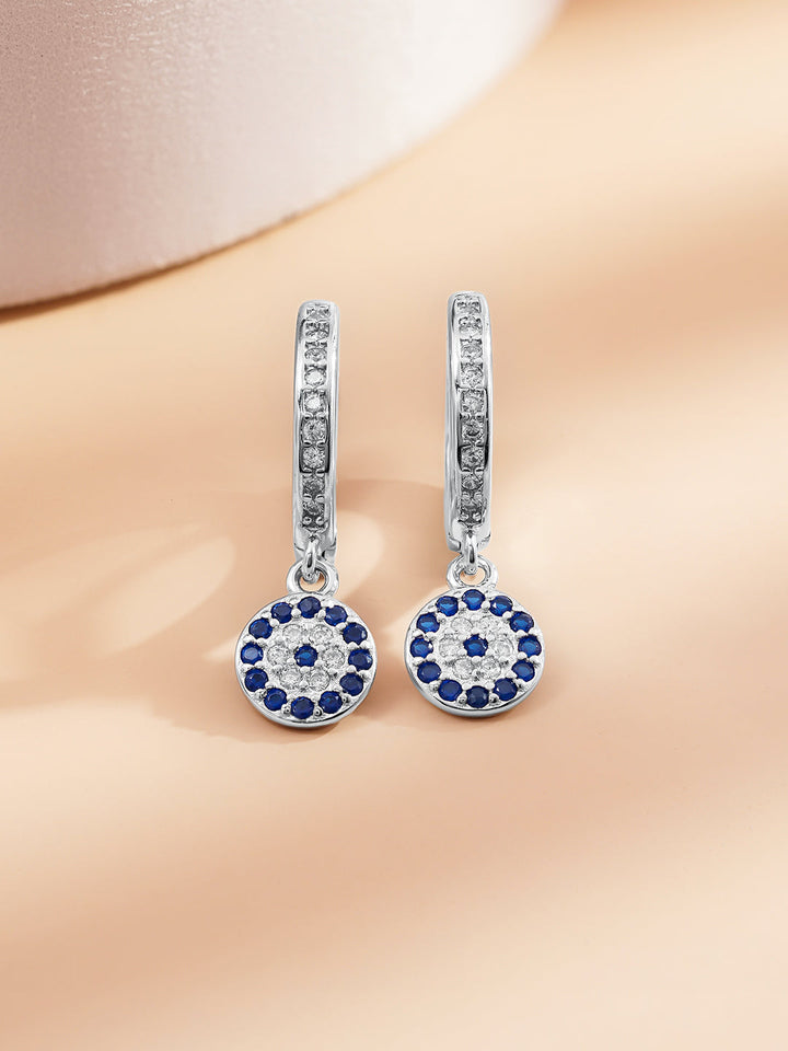 925 Fine Silver Evil Eye Charm Hoop Drop Earrings