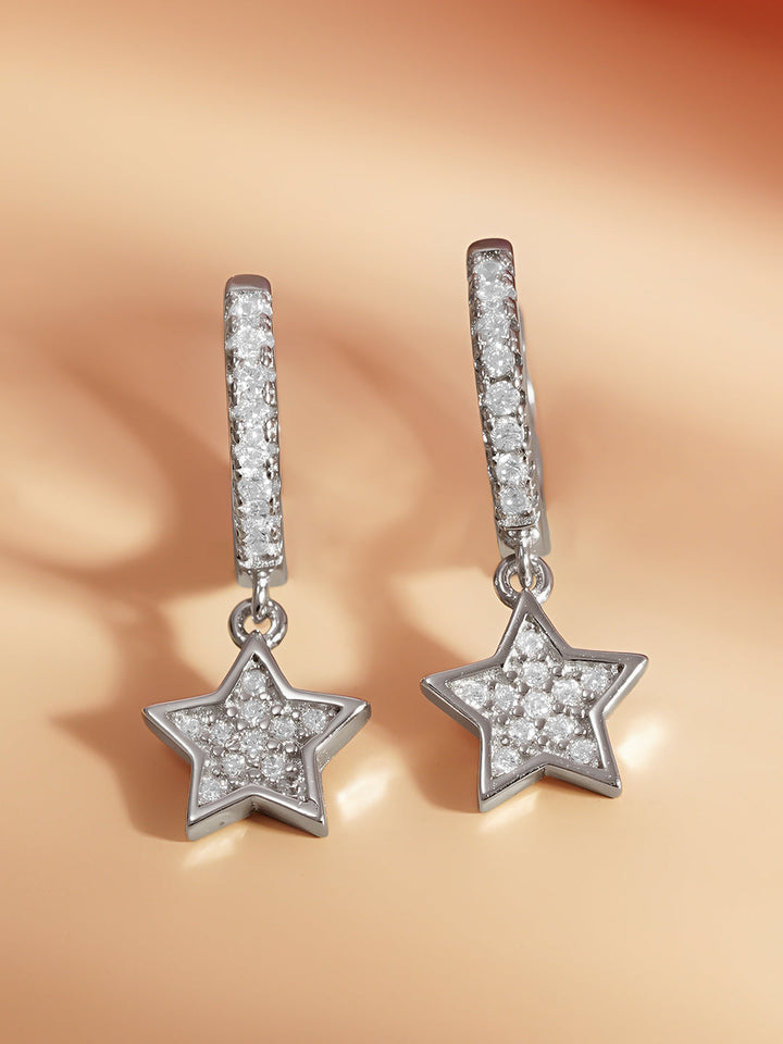 925 Fine Silver Zirconia Star Charm Hoop Earrings