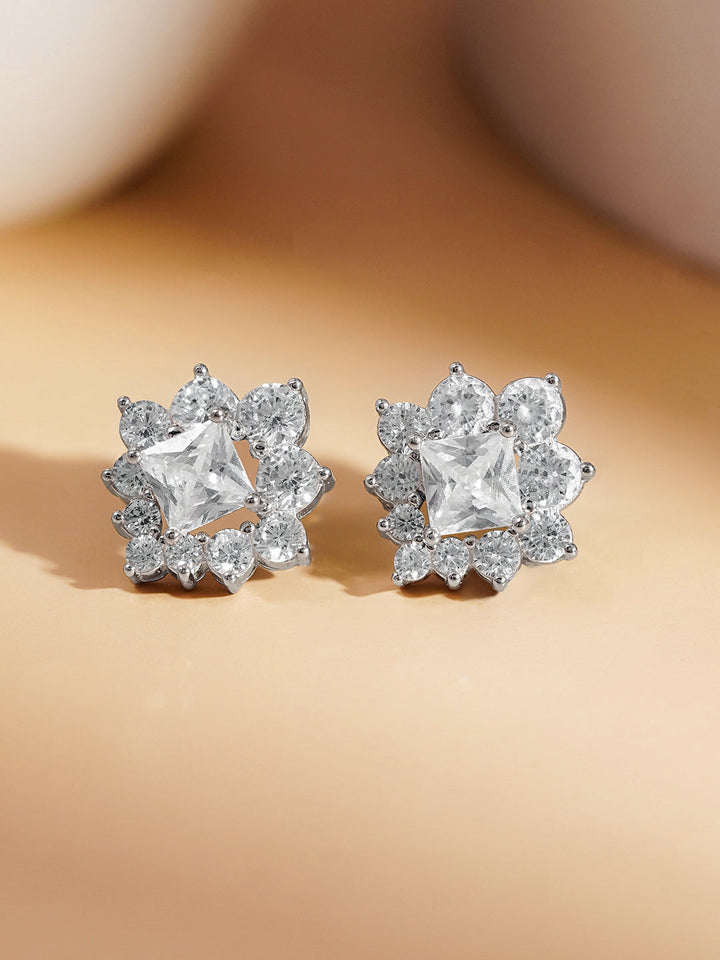 925 Fine Silver Crystal Floral Stud Earrings