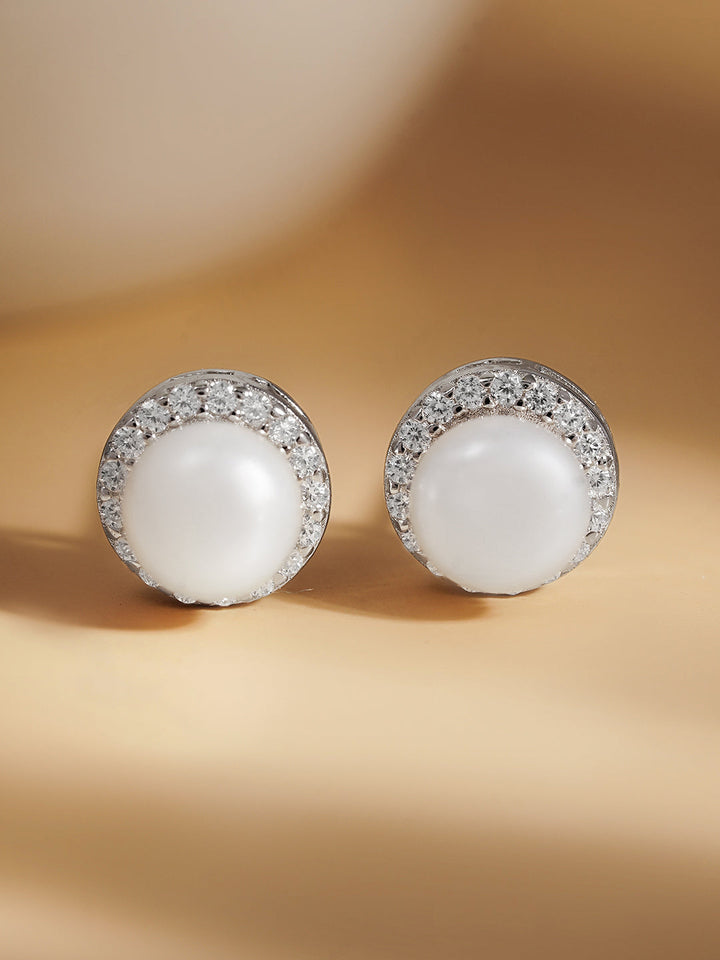 925 Fine Silver Crystal Pearl Stud Earrings