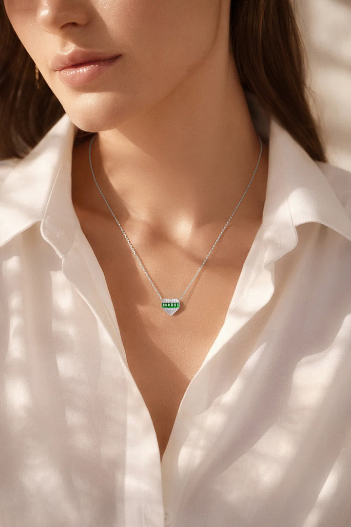 925 Fine Silver Emerald Heart Pendant Necklace