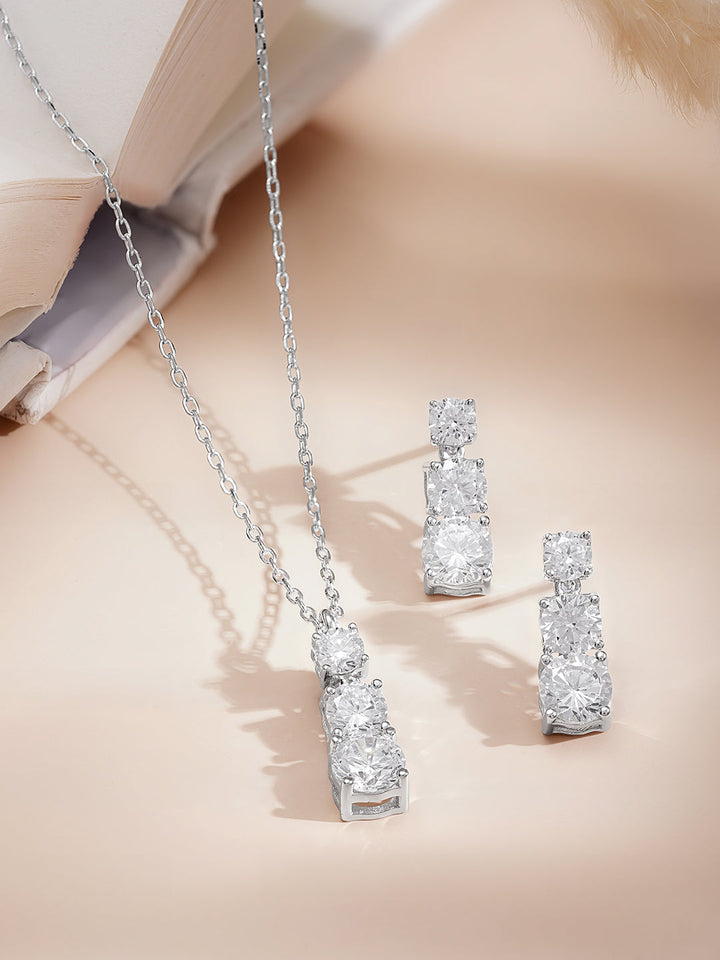 925 Fine Silver Diamond Cascade Pendant Set