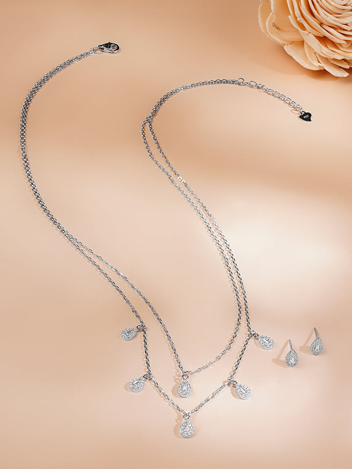 925 Fine Silver Rhodium Plated Tear Drop Layered Necklace Set