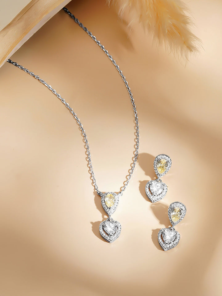 925 Fine Silver Rhodium Plated Heart Drop Yellow Citrine Necklace Set