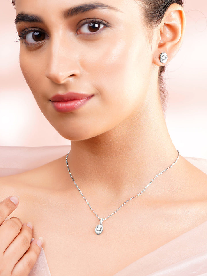 925 Fine Silver Cubic Zirconia Classic Oval Pendant Necklace Set