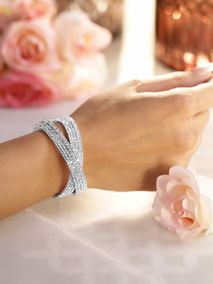 Rubans Rhodium-Plated Crystals Stone Studded Cuff Bracelet
