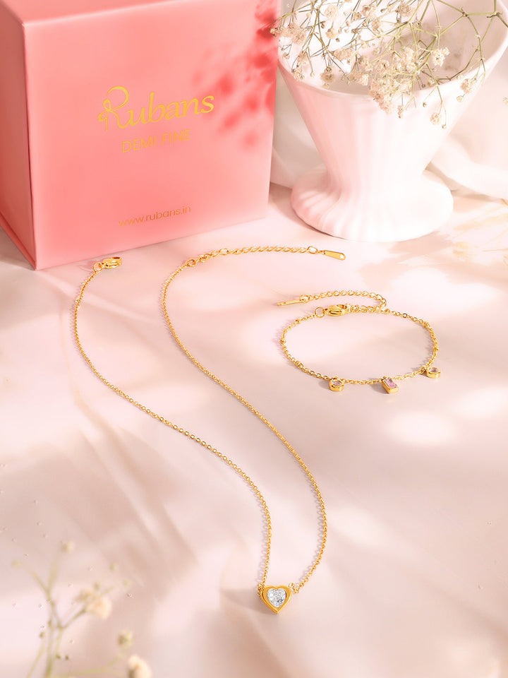 Demi Fine 18k Gold Plated Stainless Steel Crystal Charm Necklace & Bracelet Set