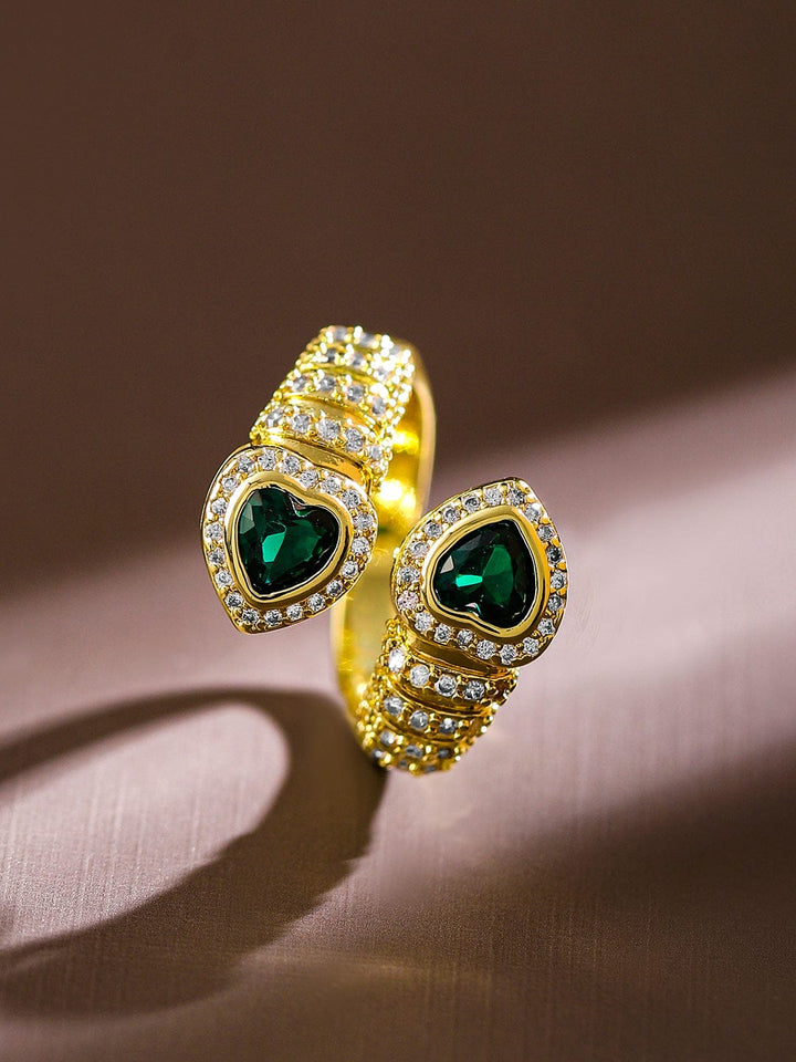 Rubans 18K Gold-Plated Emerald & CubicZirconia Studded Heart Motif Openable Ring