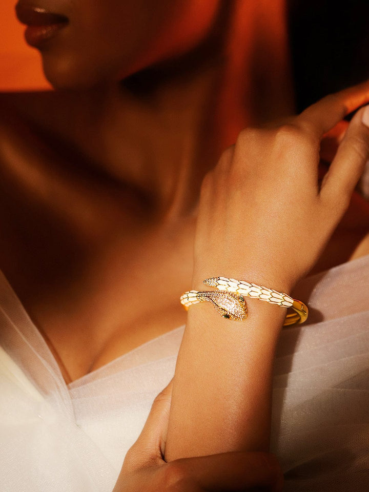 Rubans 22K Gold-Plated Zirconia Snake Motif Bracelet with Enamel Details & Emerald Accents