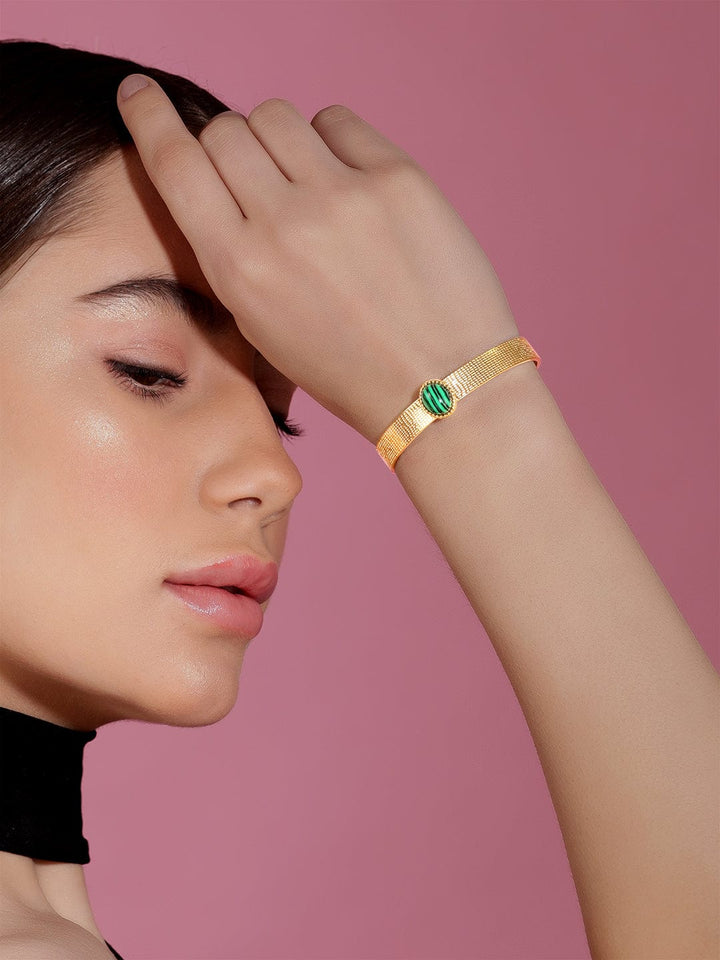Rubans Voguish 18K Gold Plated Green Gem Studded Waterproof Cuff Bracelet.