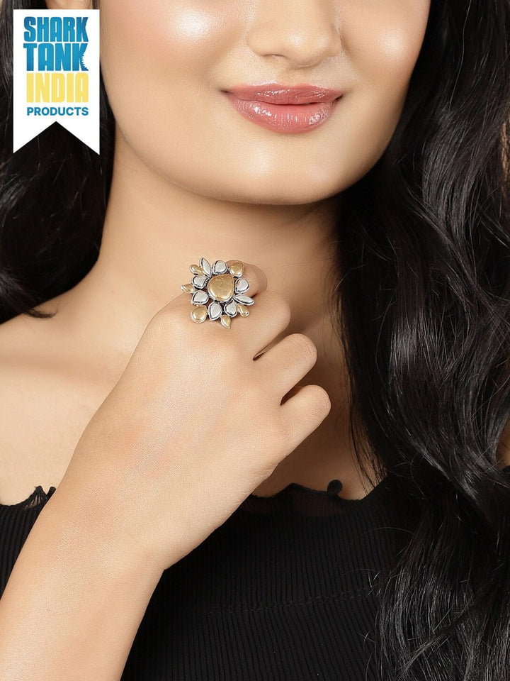 Rubans Women Oxidized Silver-Plated Gold-Toned Handcrafted Adjustable Finger Ring