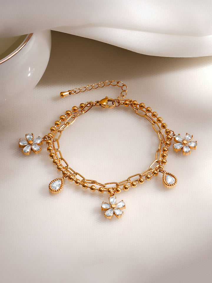Demi Fine 18K Gold Plated Stainless Steel Daisy Crystal Charm Bracelet