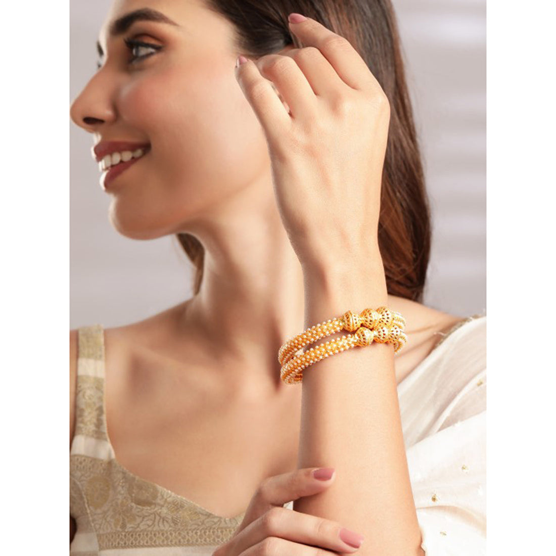Rubans Set Of 2 Gold-Plated  White Pearls-Studded Handcrafted Bangles