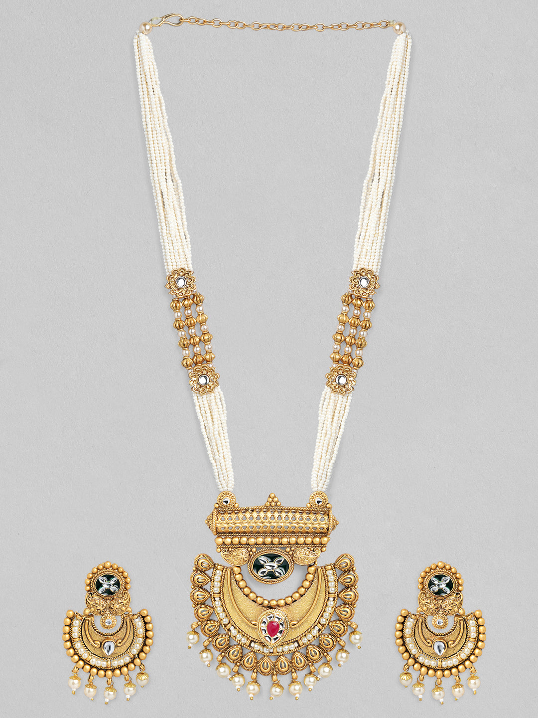 Rubans 22K Gold-Plated Pearl Beaded Multi-Strand Necklace Set with Kundan & Ruby Accents and Earrings