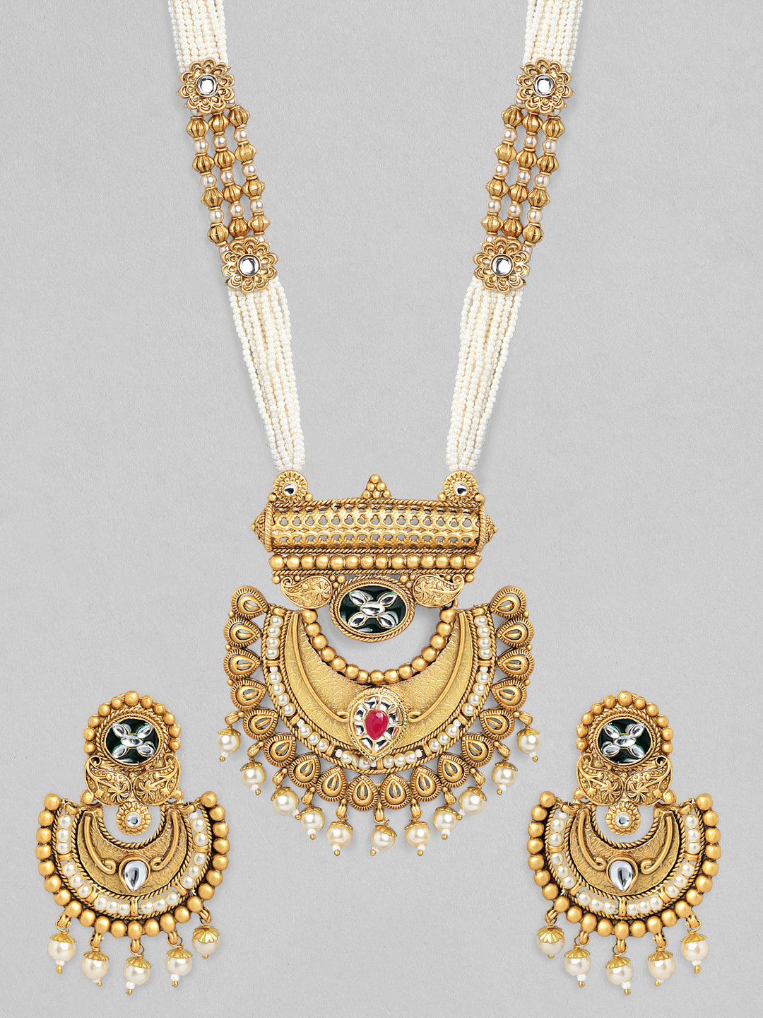 Rubans 22K Gold-Plated Pearl Beaded Multi-Strand Necklace Set with Kundan & Ruby Accents and Earrings