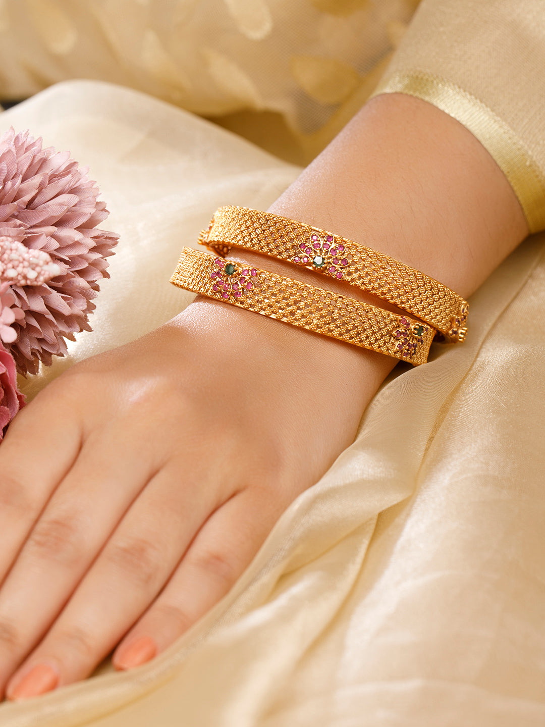 Rubans Set of 2 22K Gold Plated Ruby Pink & Emerald Green Stone Studded Bangles