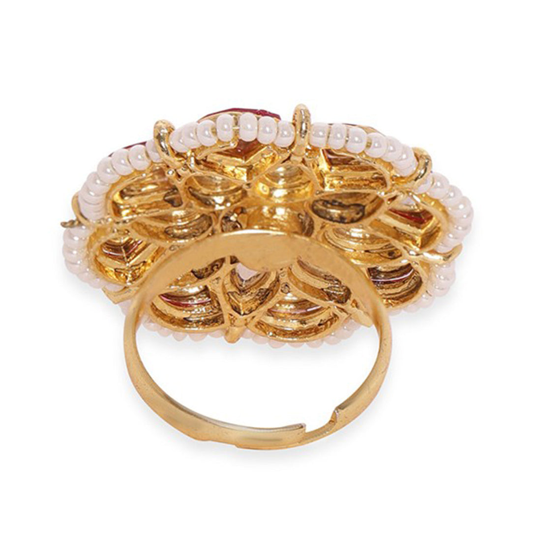 Rubans Women 22K Gold-Plated Kundan-Studded & Pearls Beaded Adjustable Finger Ring