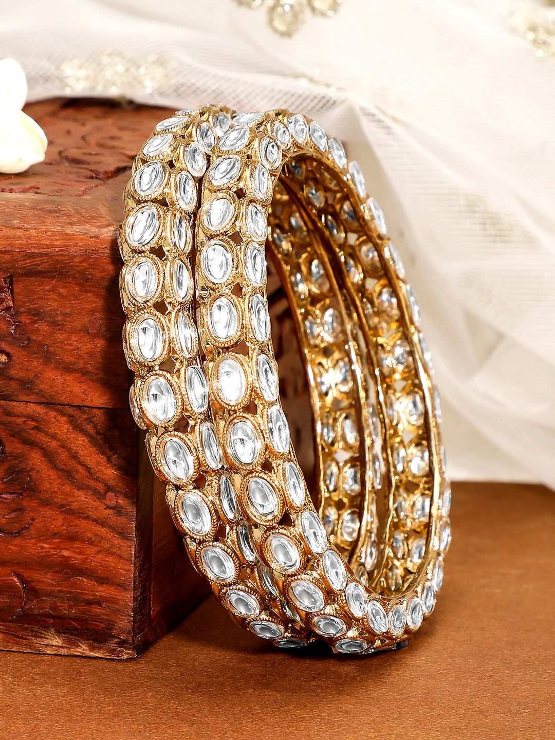Rubans Set of 2, 18K Gold-Plated Kundan Studded Handcrafted Traditional Bangles