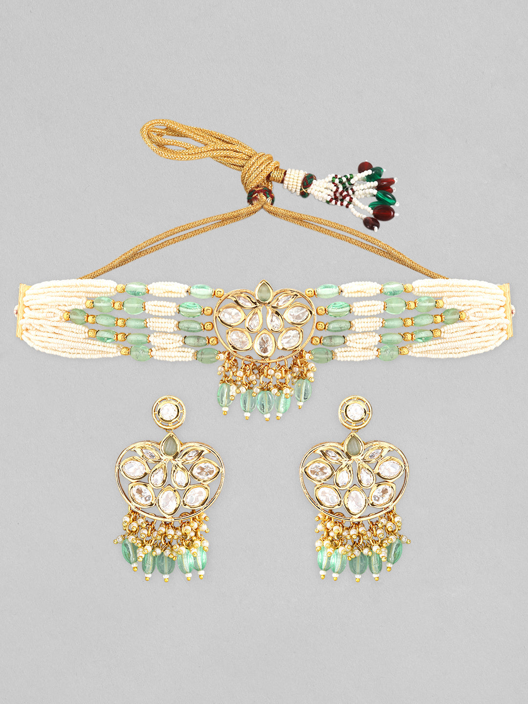 Rubans Gold Plated Kundan Choker Set With White And Mint Green Beads