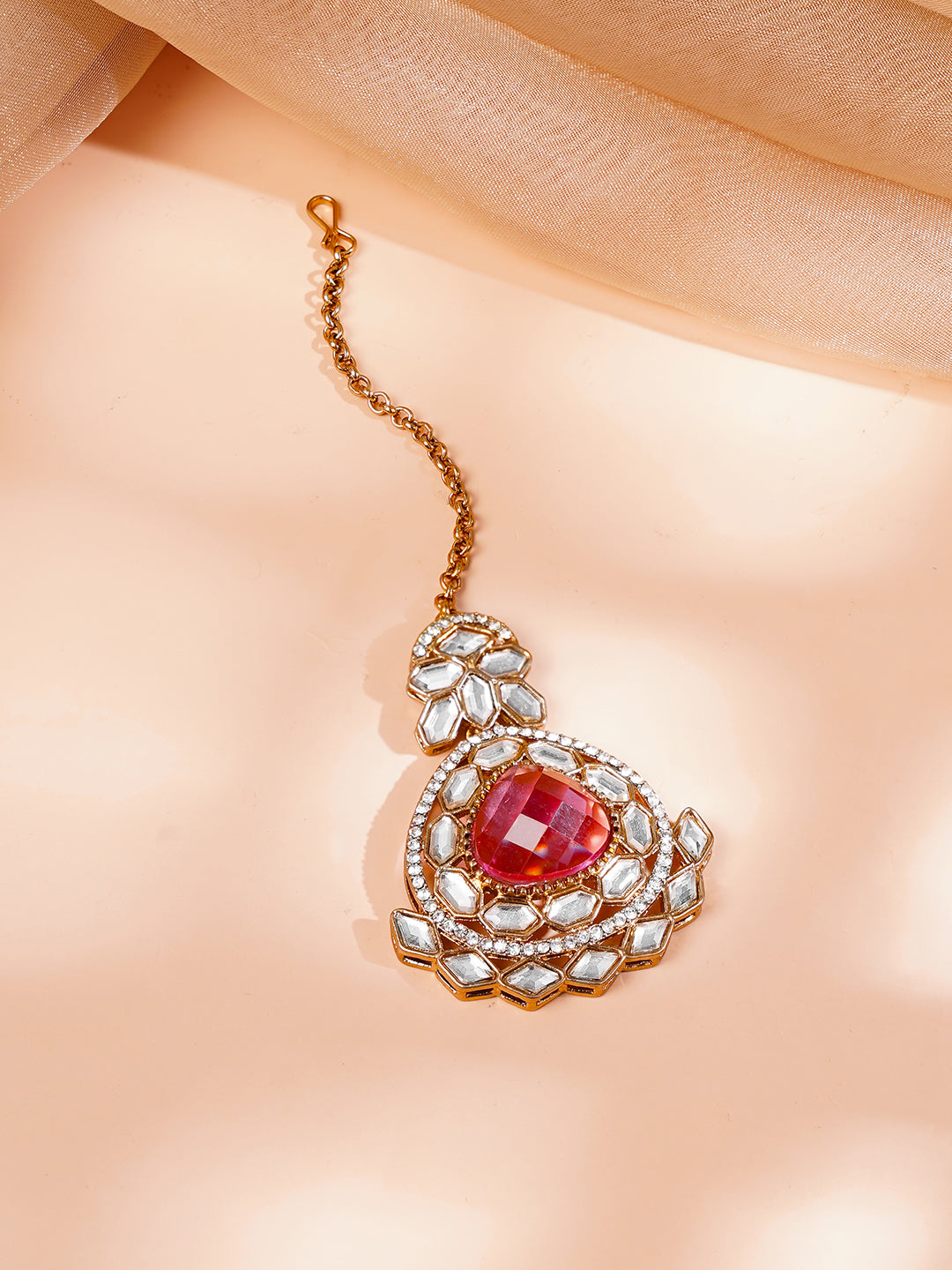 Gold Plated Pearl Beaded Ruby Red Kundan Choker Set With Maangtikka