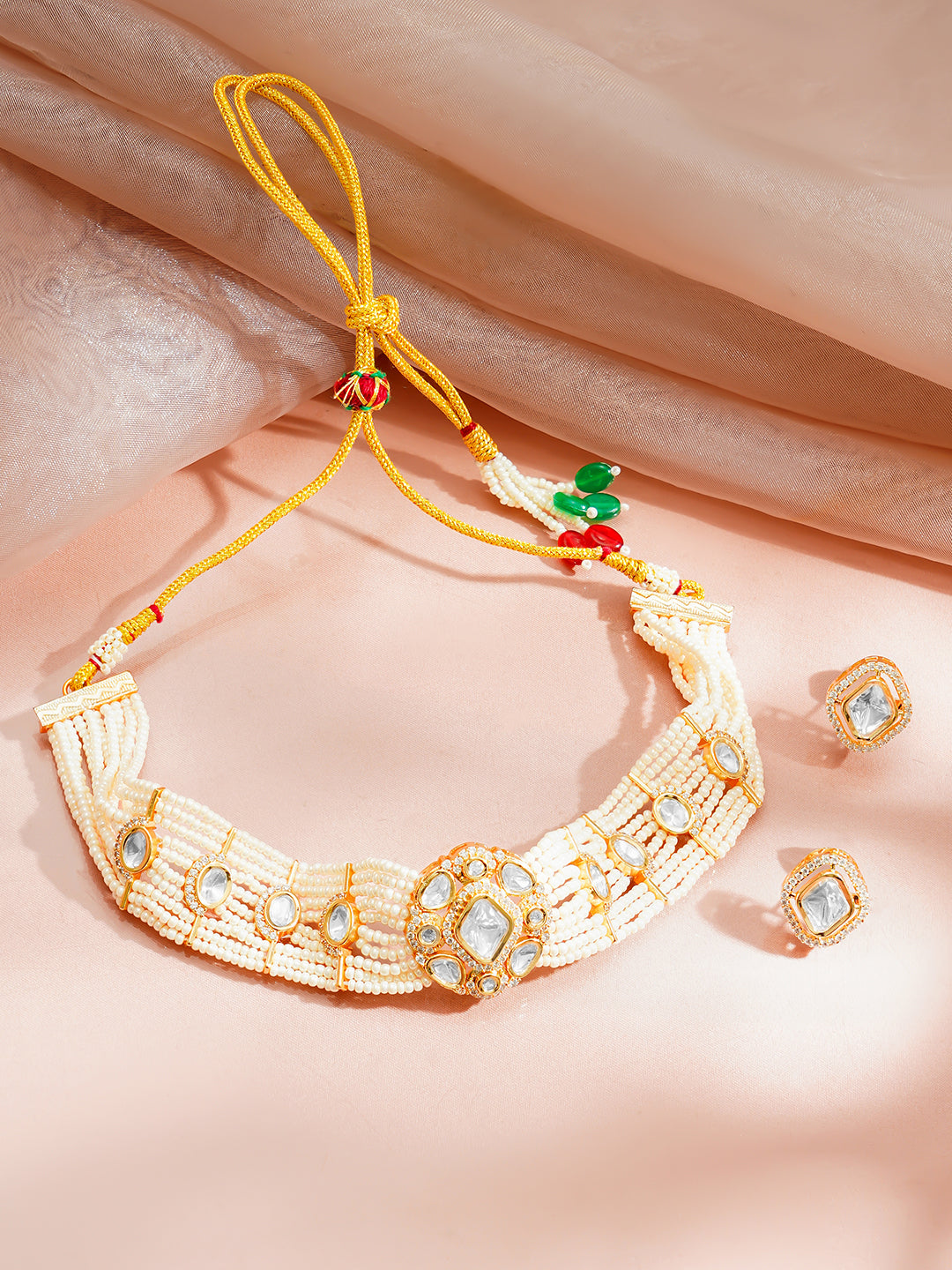 Gold Plated Kundan Pearl Beaded Choker Necklace Set