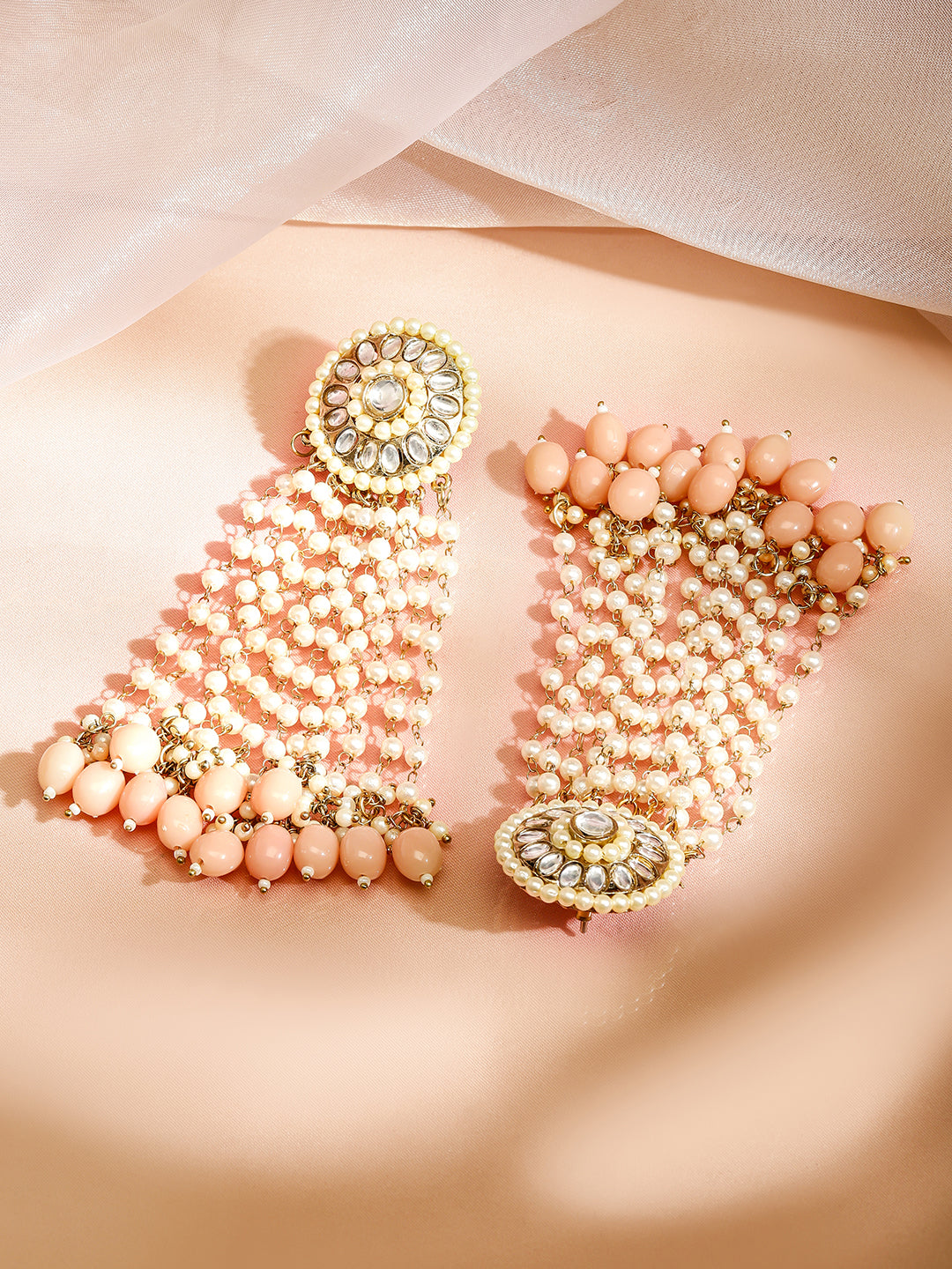 Rubans 18K Gold-Plated Multilayered Kundan & Pearl Beaded Long Earrings with Peach Pink Beads