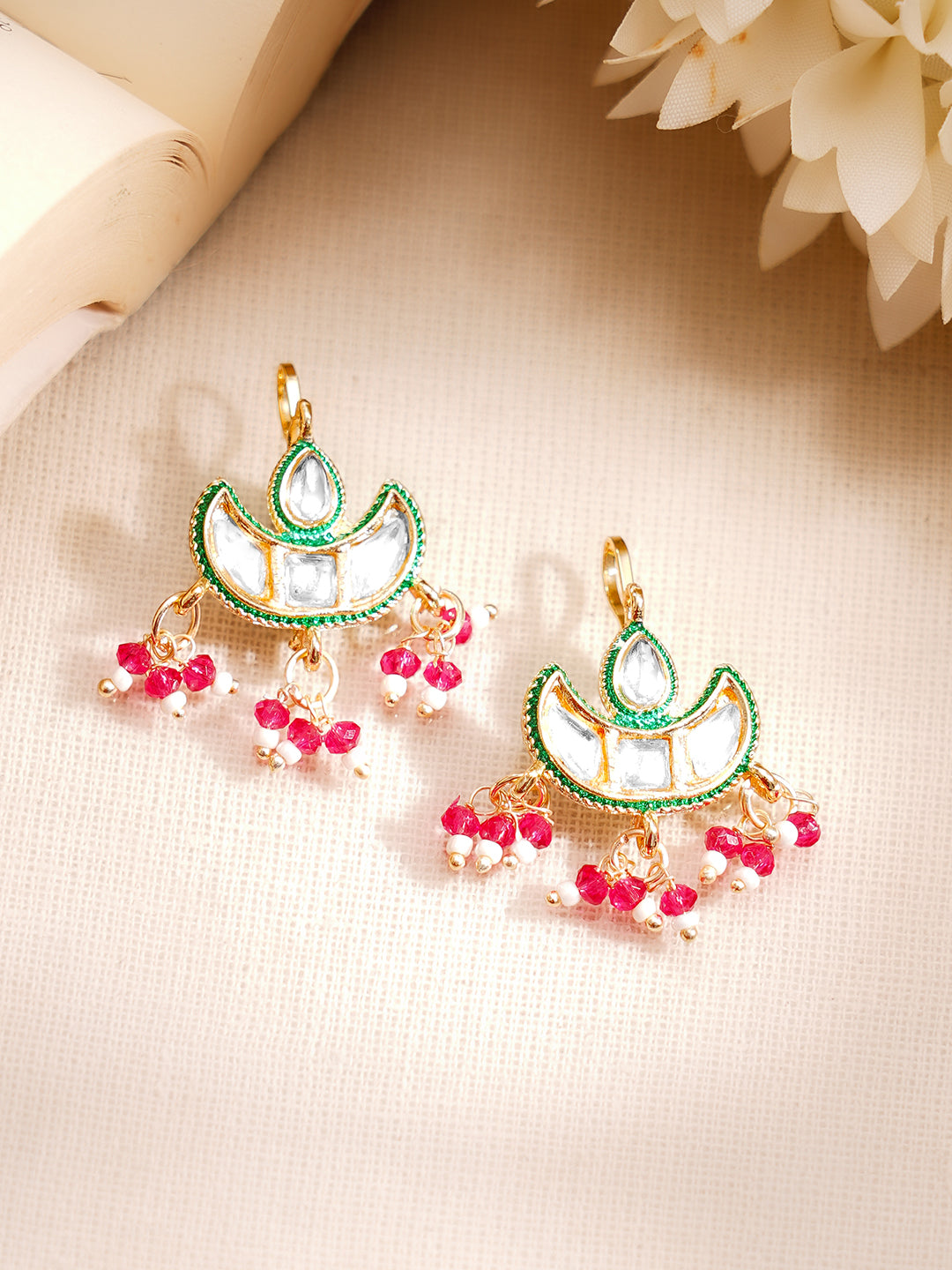 Gold Plated Kundan Crescent Moon Beaded Drop Earrings