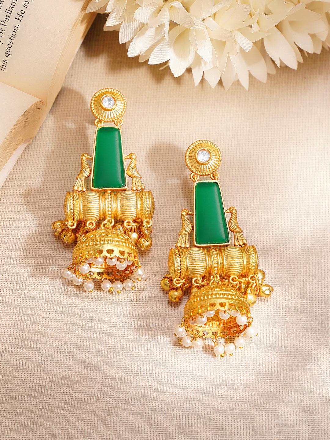 Gold-Plated Green Enamel Statement Jhumka Earrings