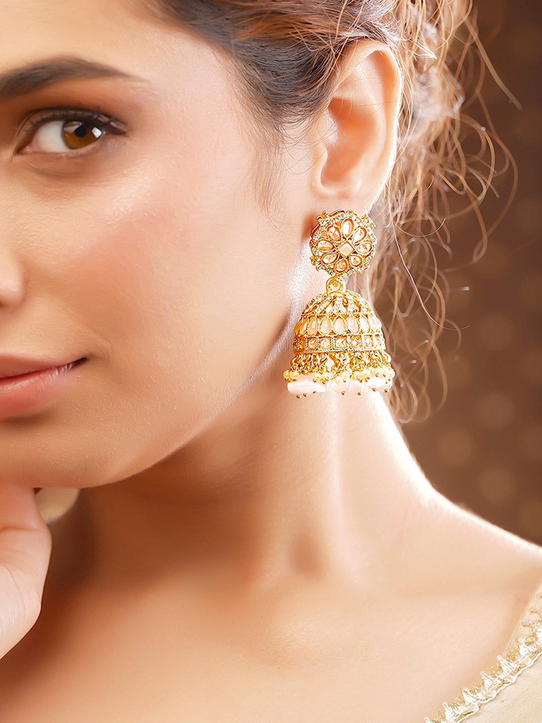 Antique Gold Plated Pastel Pink Kundan Pearl Jhumka Earrings