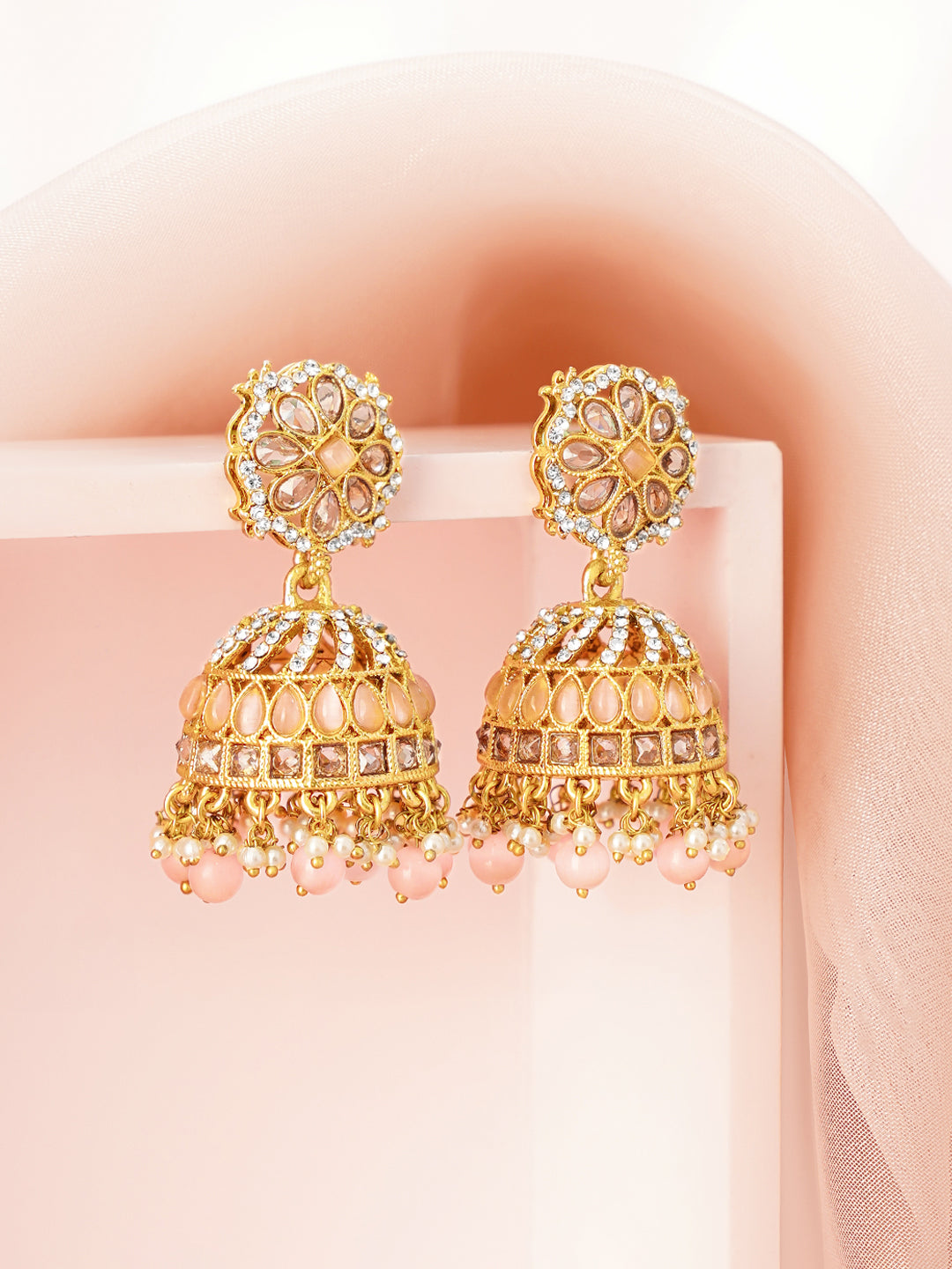 Antique Gold Plated Pastel Pink Kundan Pearl Jhumka Earrings