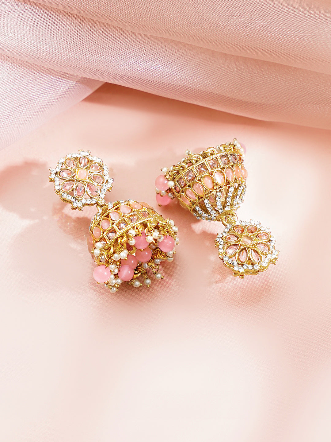 Antique Gold Plated Pastel Pink Kundan Pearl Jhumka Earrings
