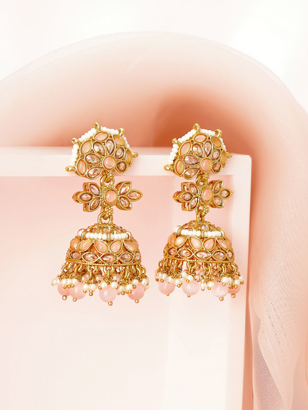 Antique Gold Plated Pastel Pink Kundan Pearl Floral Jhumka Earrings