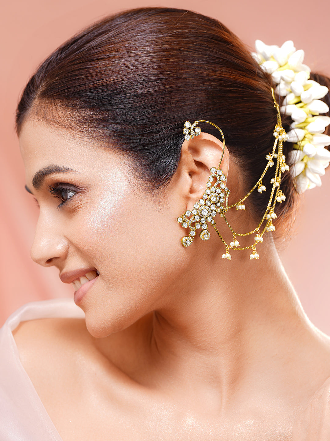 Gold-Plated White Kundan Pearl Kaan Chain Earrings