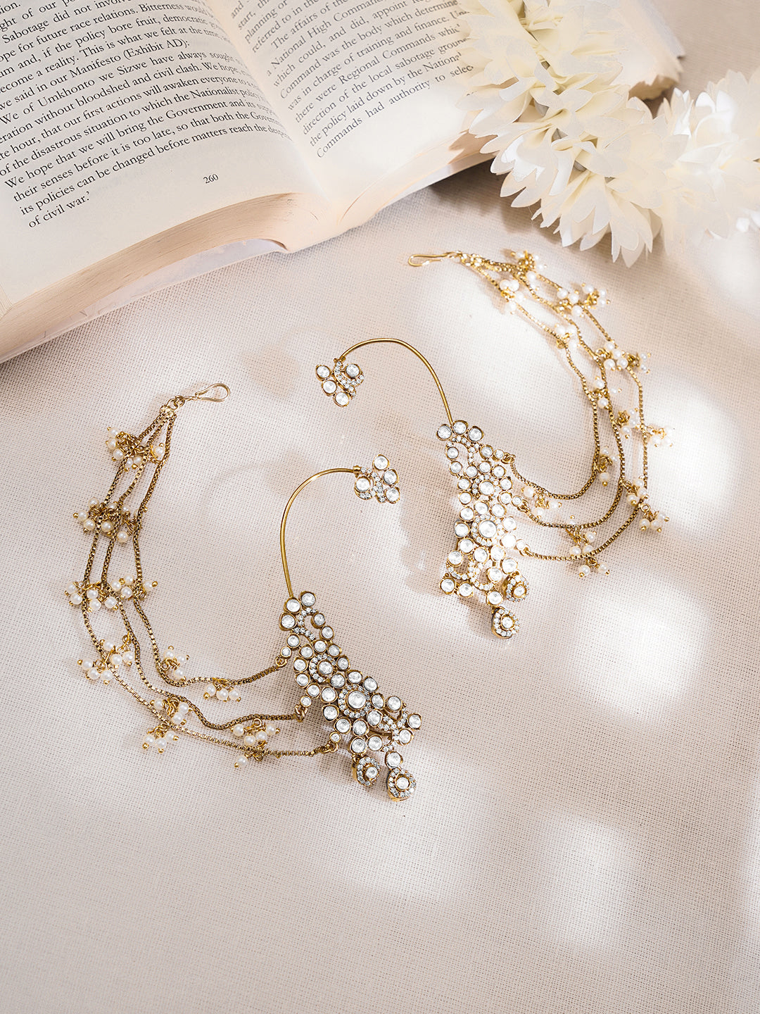 Gold-Plated White Kundan Pearl Kaan Chain Earrings