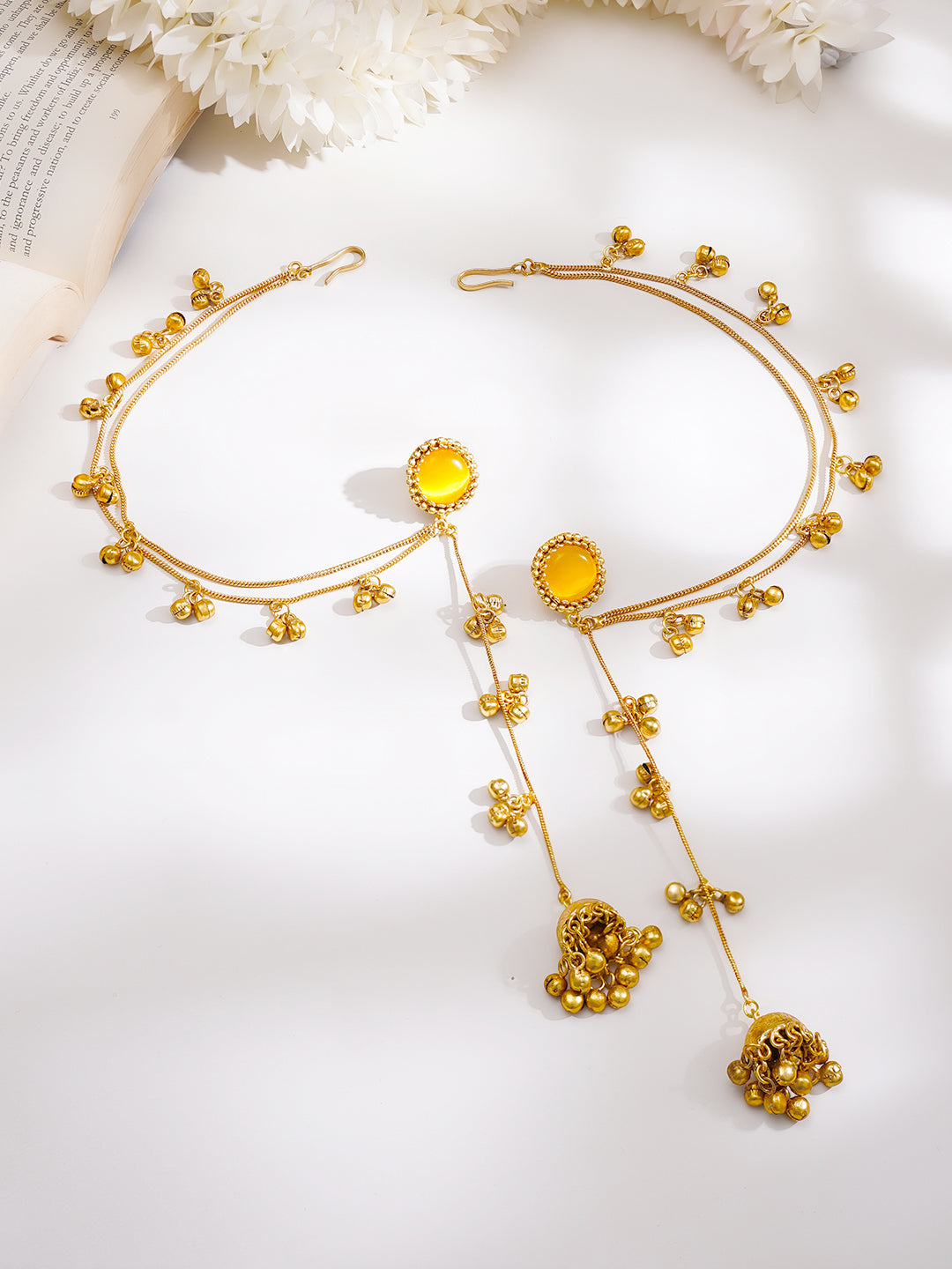 Gold-Plated Yellow Enamel Chain Tassel Kashmiri Jhumka Earrings