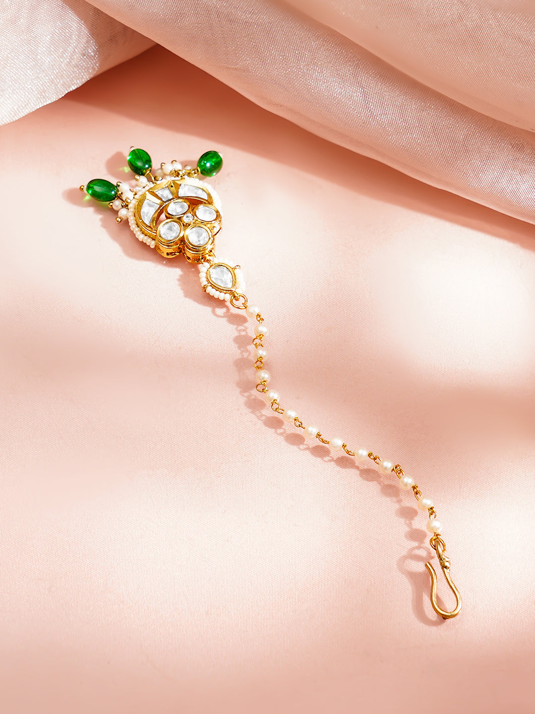 Gold Plated Green Beaded Kundan Pearl Maang Tikka