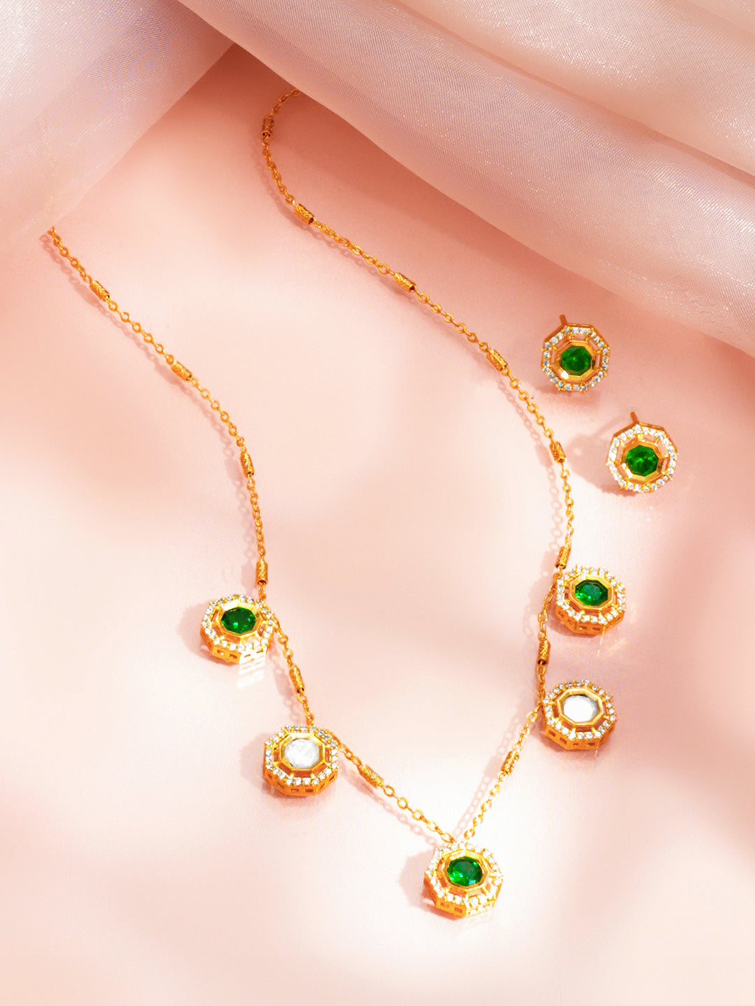 Gold Plated Emerald Green Cubic Zirconia Charm Necklace Set