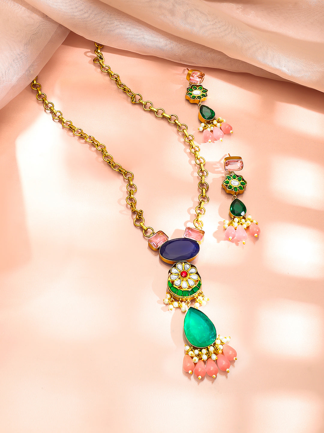 Gold Plated Pearl Beaded Kundan Multicolor Necklace Set