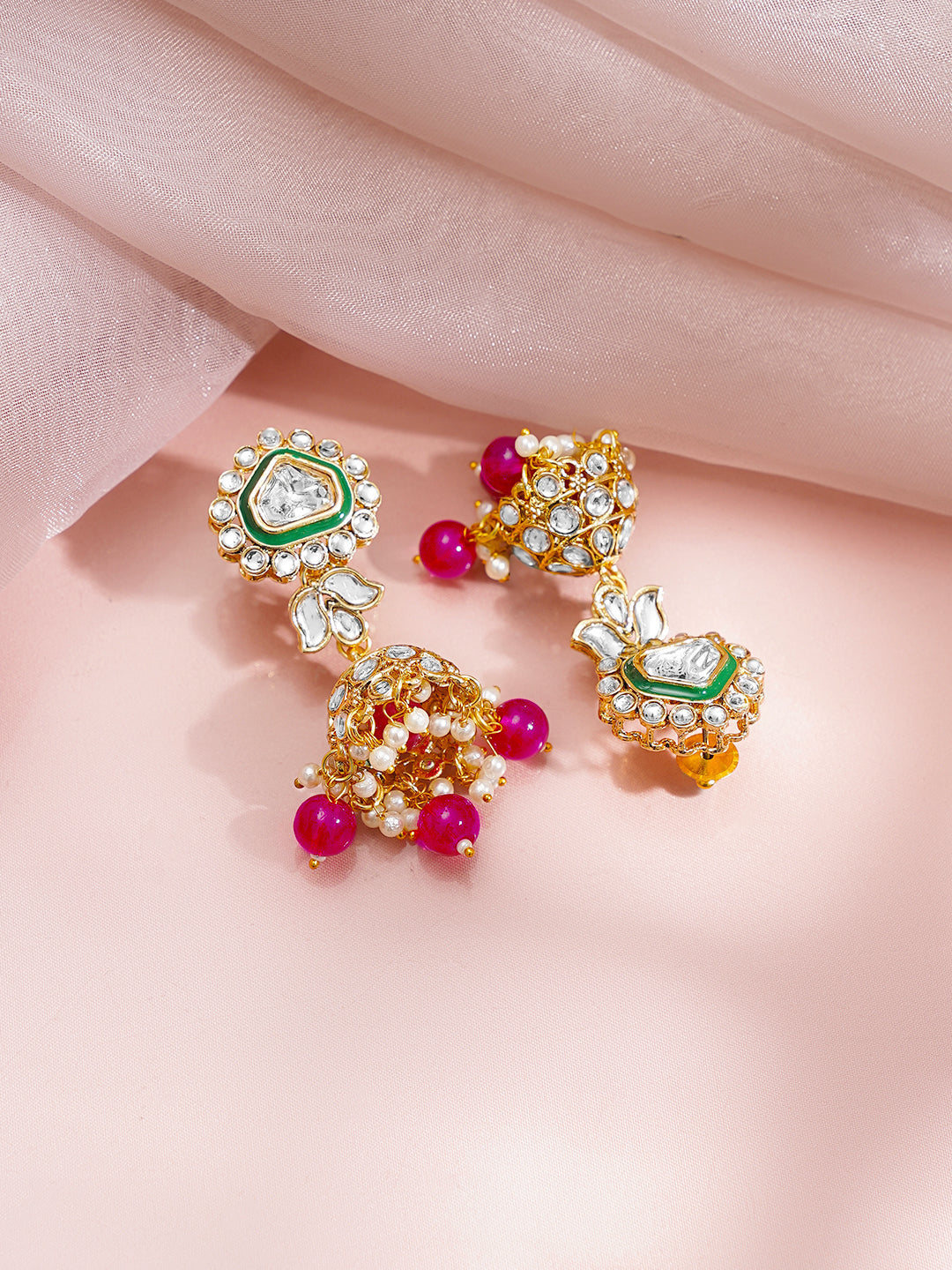 Gold Plated Pearl Beaded Pink Drop Kundan Necklace Set