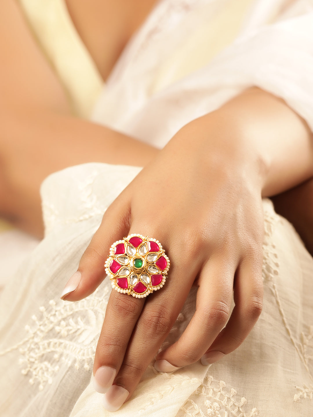 Rubans Women 22K Gold-Plated Kundan-Studded & Pearls Beaded Adjustable Finger Ring