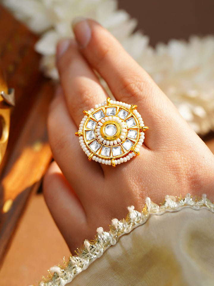 Gold Plated Kundan Pearl Adjustable Ring