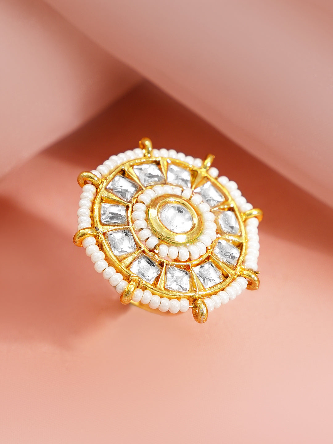 Gold Plated Kundan Pearl Adjustable Ring