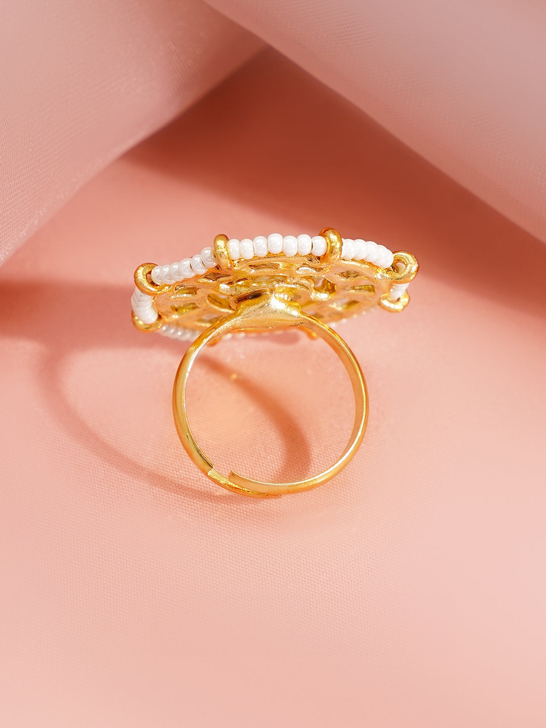Gold Plated Kundan Pearl Adjustable Ring