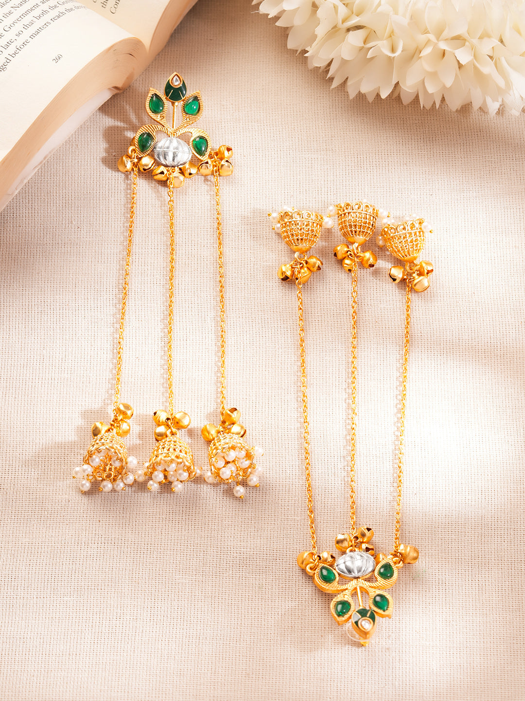 Gold-Plated Green Kundan Chain Tassel Kashmiri Jhumka Earrings