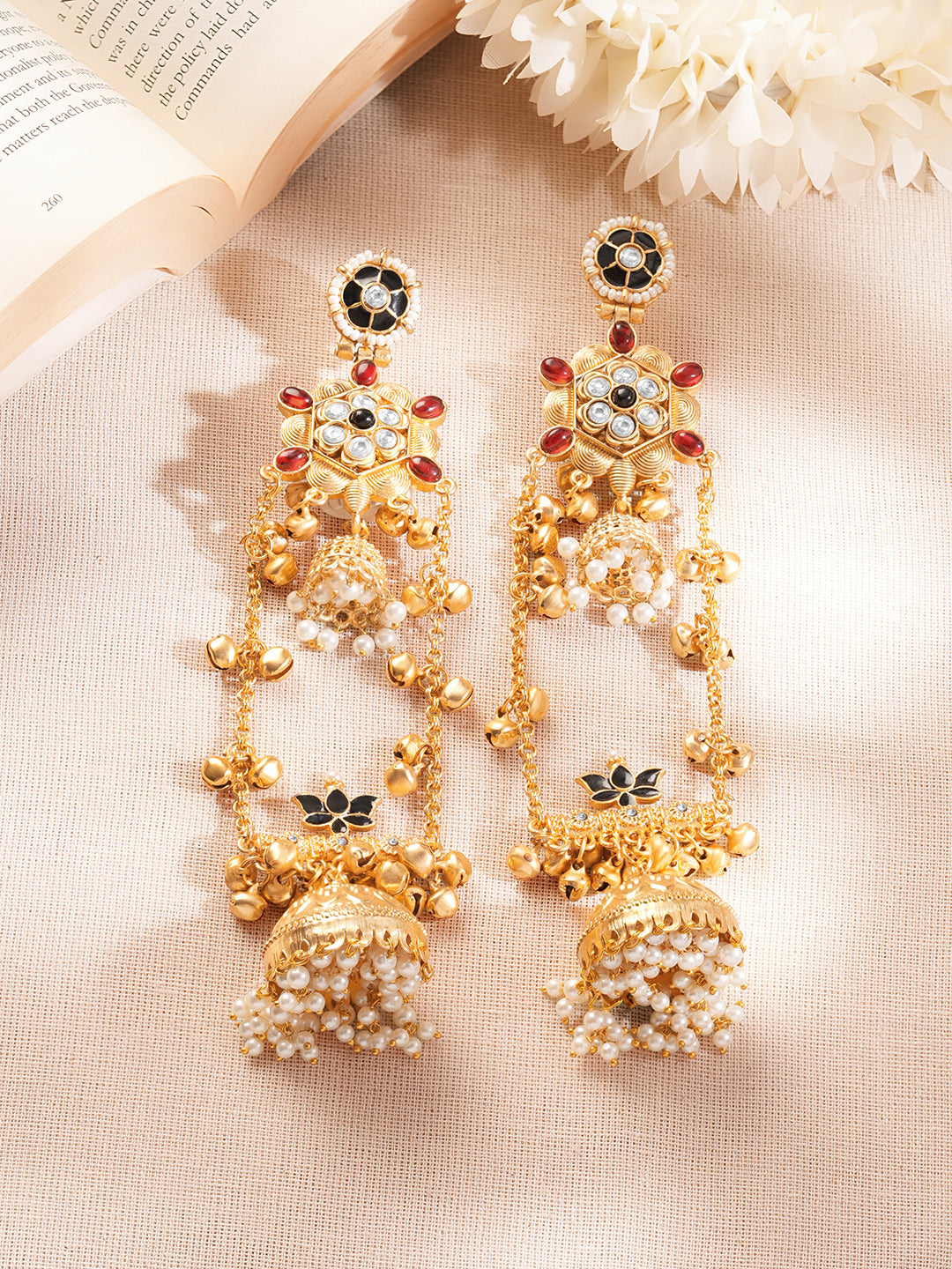 Gold-Plated Multicolor Pearl Jhumka Kashmiri Statement Earrings