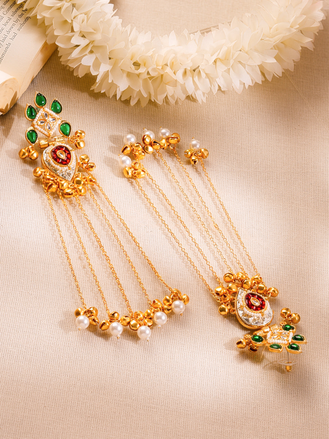 Gold-Plated Kashmiri Chain Dangler Earrings with Pearl Accents